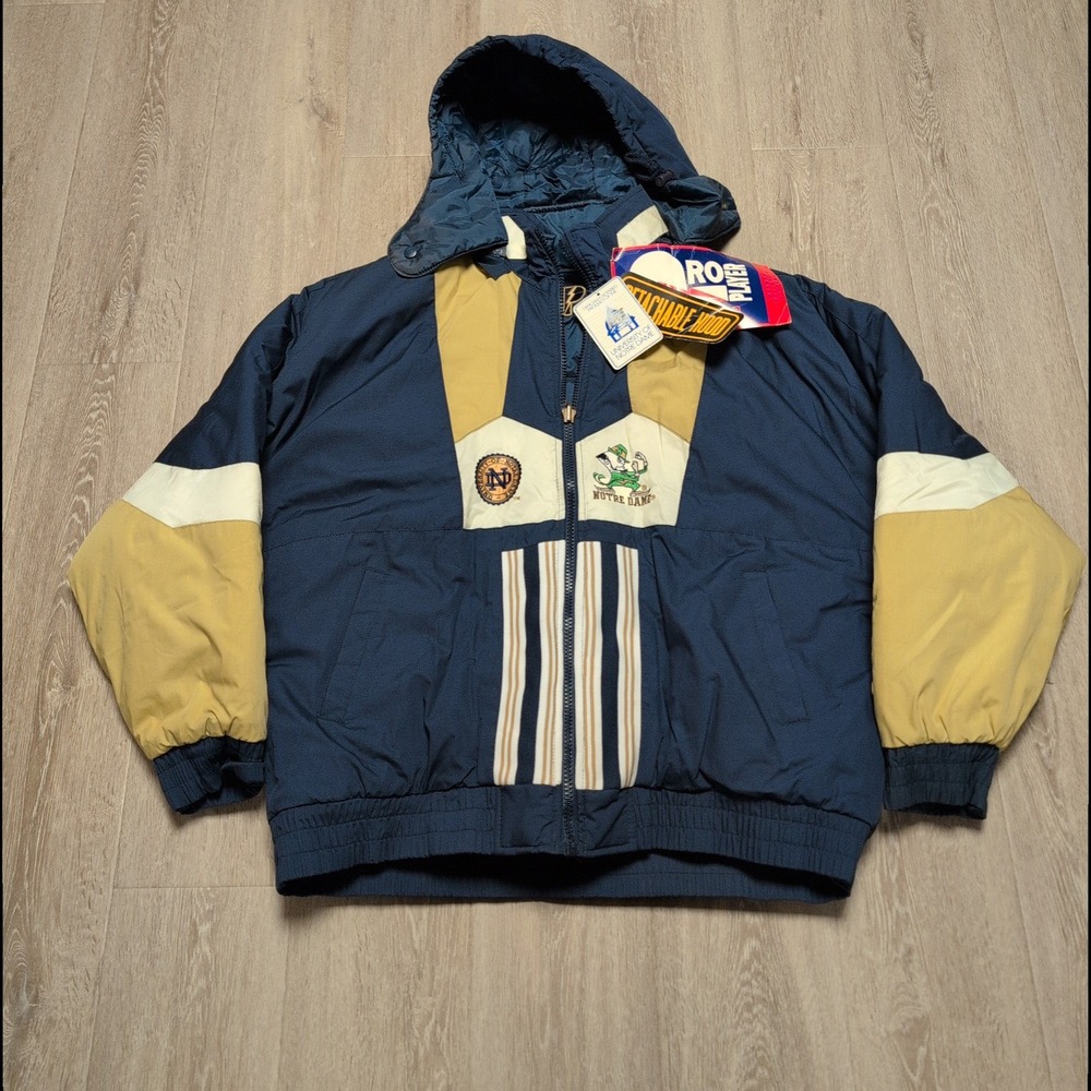 New Vintage 90s Pro Player Notre Dame Reversible Puffer Jacket Mens XL Navy Gold